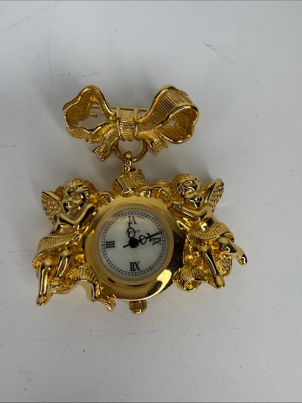 Vintage Avon Cherub Angel Watch Brooch Pin Gold Tone Working